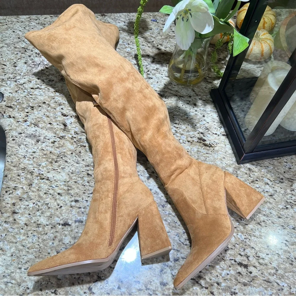 Cape Robbin Tan Over The Knee Pointed Heel Triangle Block Heel 8.5